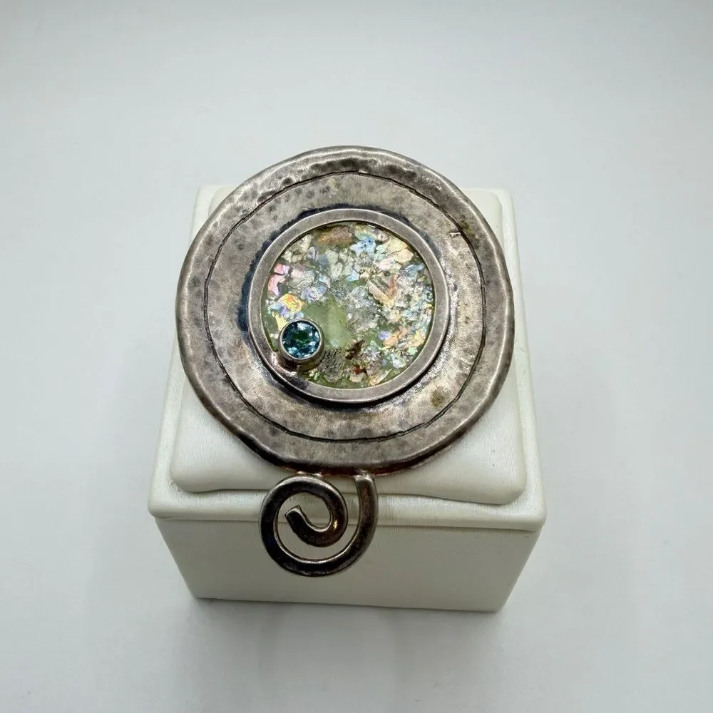 Amazing, Israel made sterling silver Roman Glass, Blue Topaz Pin/Brooch/Pendant!